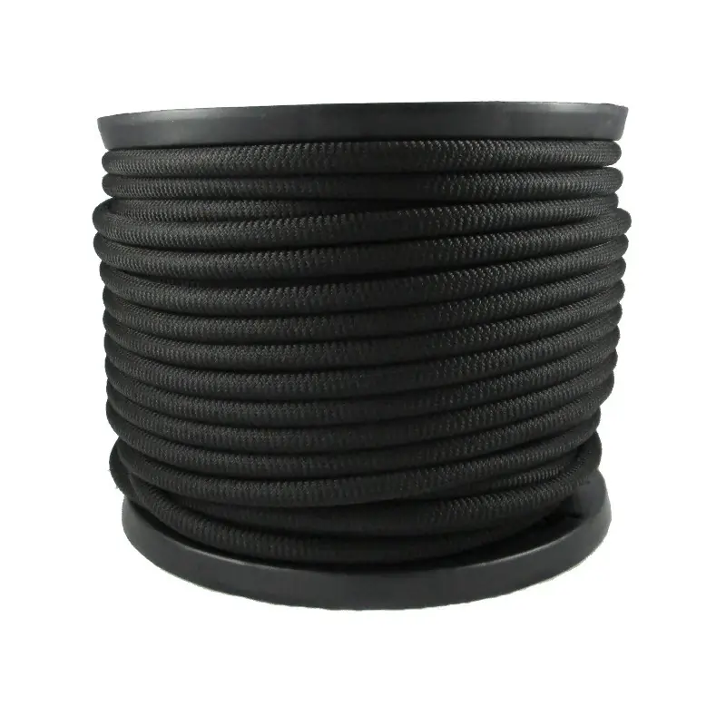 A 1/2 inch black polypropylene bungee cord on a spool, ideal for outdoor use, securing items, and crafting projects